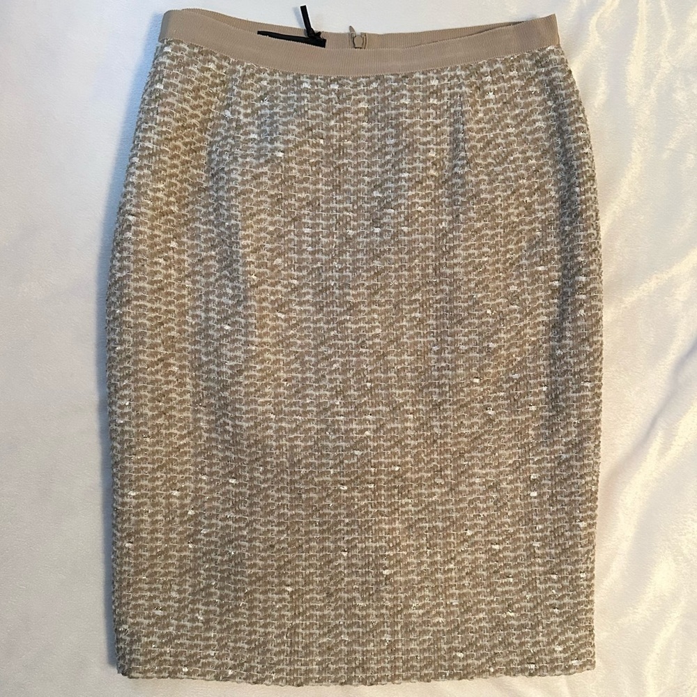 Les Copains Textured Woven Beige Tan Metallic Skirt 14 Pencil Straight Knee